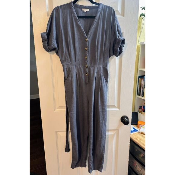 Baltic Born 100% Linen Charcoal Gray Belted Button Down 'Heidi' Jumpsuit - Picture 4 of 10